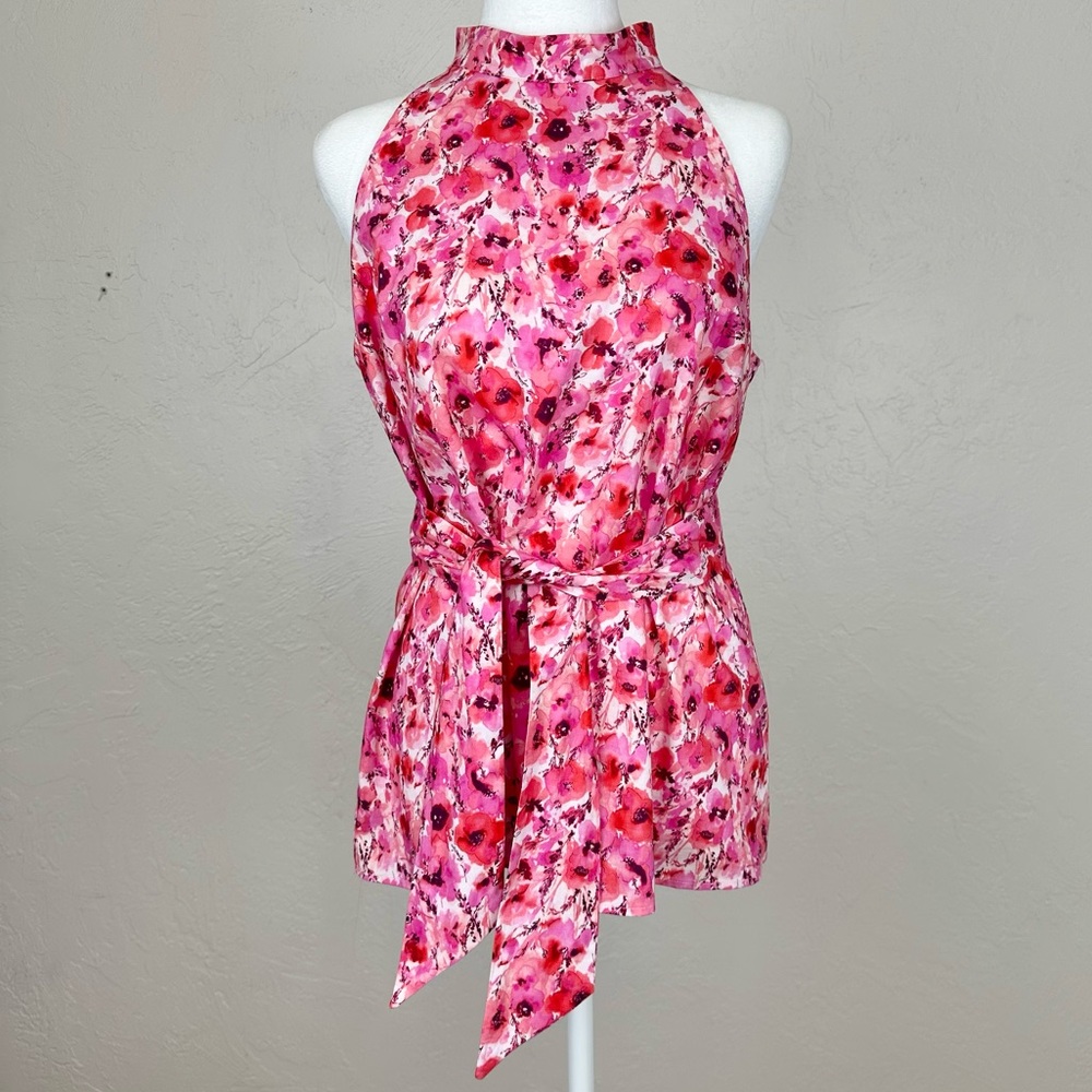 Sara Campbell Mock-neck Sleeveless Sash Tie Pink & Red Floral Print Top Size S